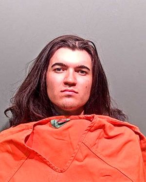 A young person with long dark hair is posing for a mugshot while wearing an orange jumpsuit.