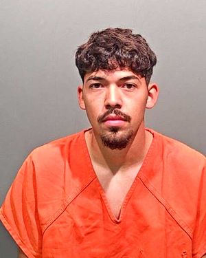 A young man with dark, curly hair is wearing an orange prison jumpsuit in a mugshot.