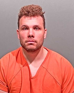 A man with curly hair and a beard is wearing an orange prison jumpsuit while posing for a mugshot against a gray background.
