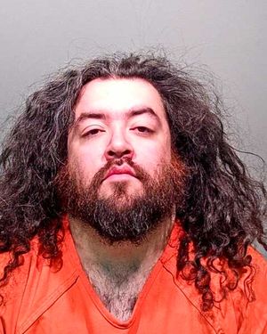 A man with long, curly hair and a thick beard is shown in a mugshot wearing an orange jumpsuit.